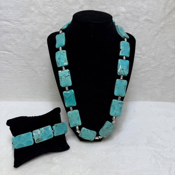 Chunky Turquoise Block Necklace & Bracelet Silver Tone Spacer Beads Toggle Rodeo